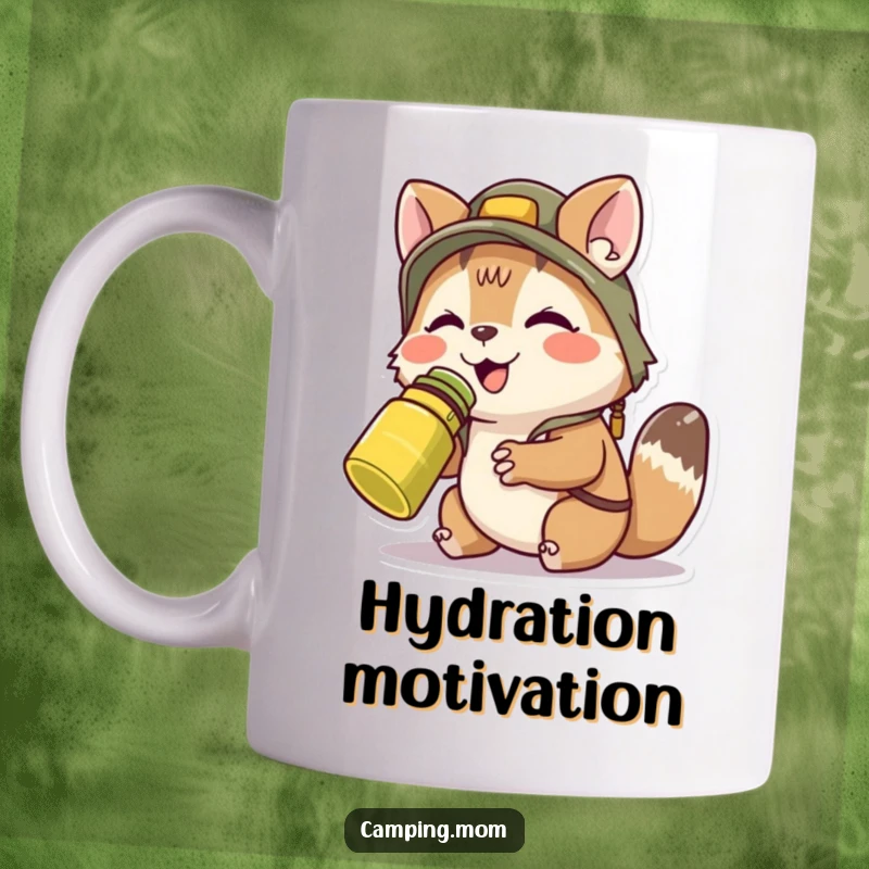 Funny camping animal character with closed eyes, smiling blissfully as it sips from a metal canteen, conveying pure refreshment.