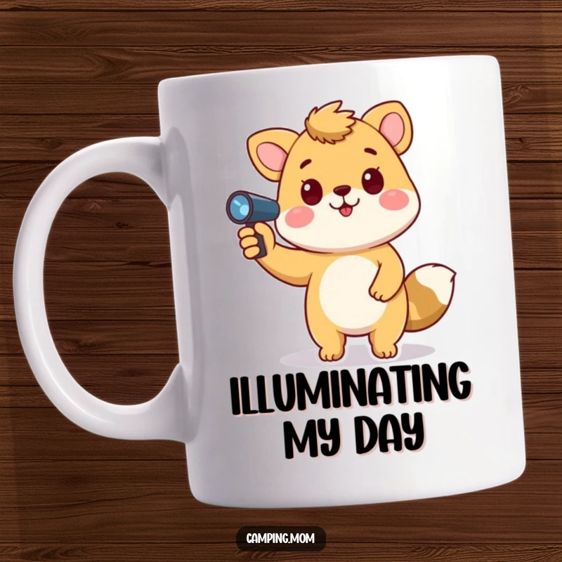 Funny animal mug featuring a playful character holding a flashlight, pointing it upwards to explore the unknown.