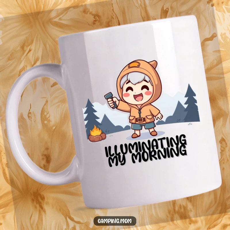 Funny mug of a happy camping character dramatically posing, illuminated by a strong flashlight beam in the dark.