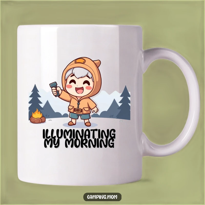 Funny Dramatic Camping Mug: Happy Character With Flashlight Beam, A Hilarious Funny Gift.