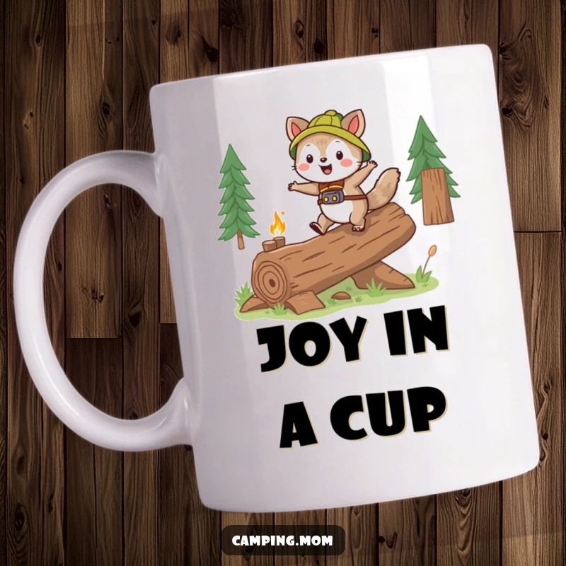 Funny camping animal character gleefully skipping over a log, smiling on a mug, symbolizing joy.