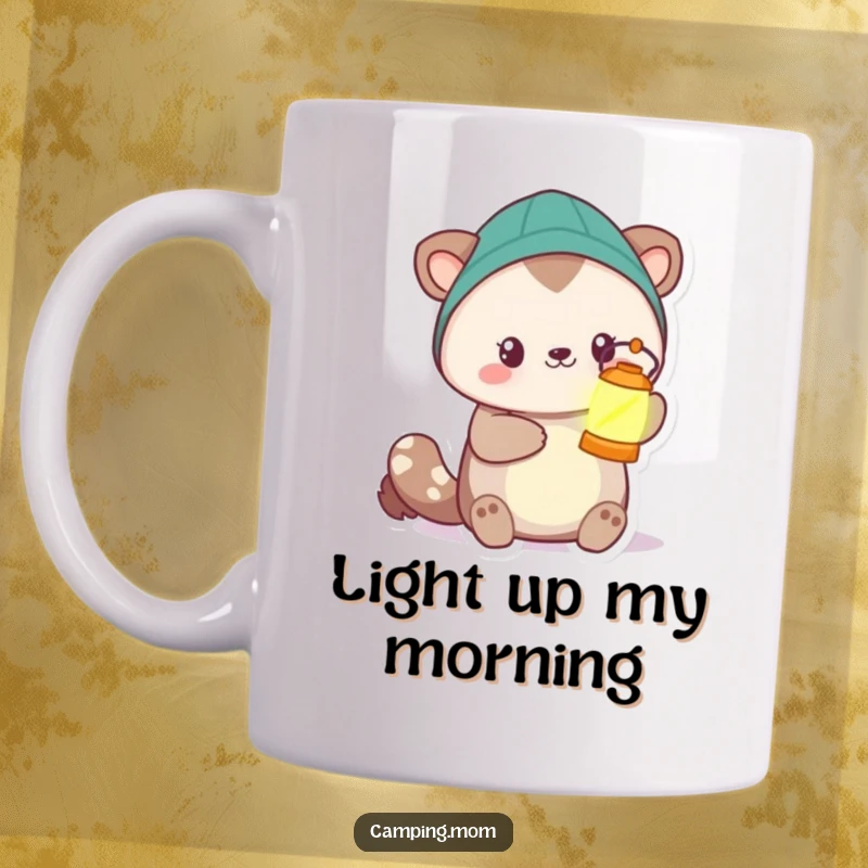Funny camping animal character holding up a brightly glowing lantern, casting a warm light, looking helpful and friendly.