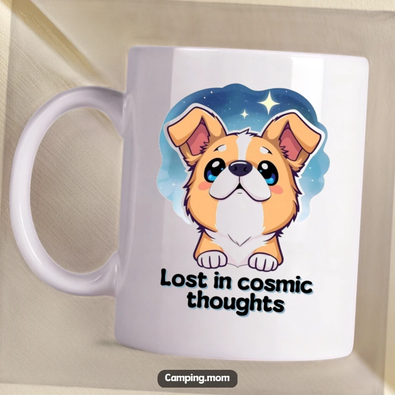 Funny Dog Mug: A wide-eyed dog gazes in awe at a sparkling, vast starry night sky, embodying pure wonder and joy.