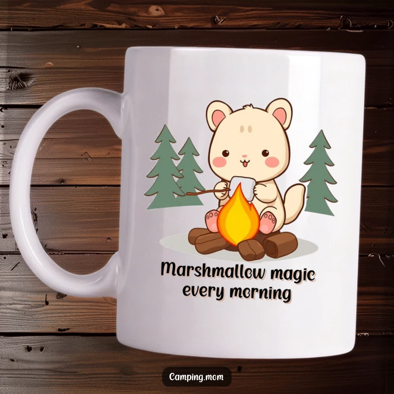Funny camping animal mug, happily roasting a gooey marshmallow over a warm, glowing campfire, embracing the joy of the outdoors.