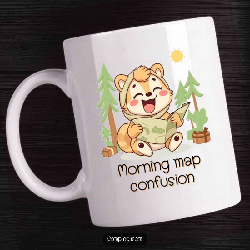 Funny camping mom mug featuring an animal laughing while trying to unfold a map, perfect for outdoorsy moms.