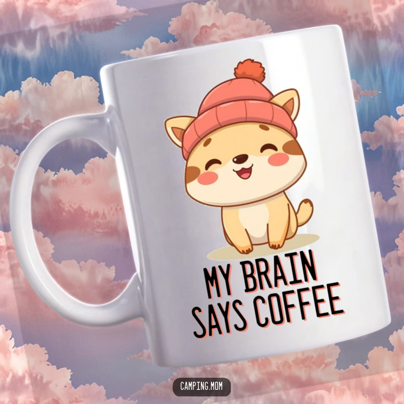 Funny camping animal character wearing a cozy beanie, smiling happily on a mug, perfect gift for outdoor enthusiasts.