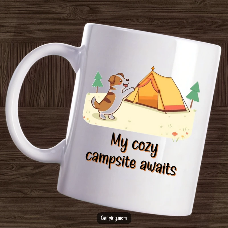 Funny dog excitedly pointing at a bright tent in a forest clearing, ready for camping adventures.