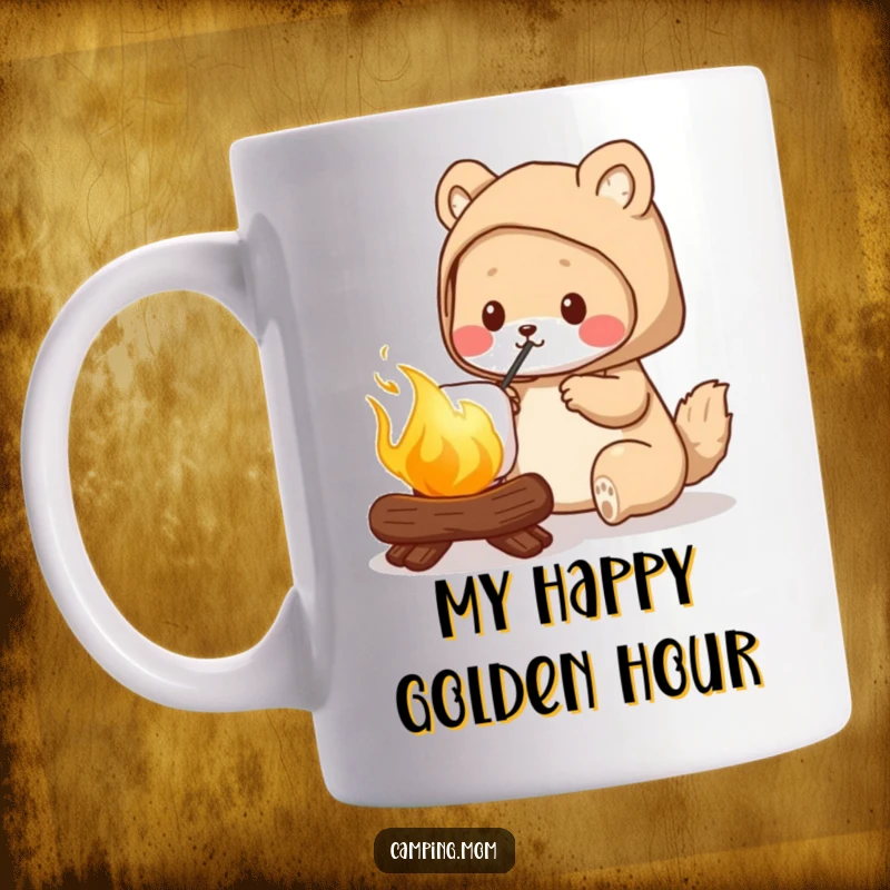 Funny camping mom animal mug, skillfully roasting a perfectly golden marshmallow over a campfire, conveying warmth and outdoor joy.