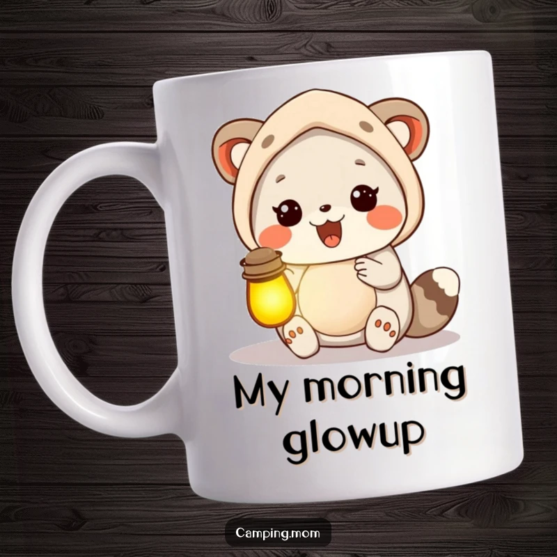 Funny camping mom animal excitedly holding a lantern filled with a warm, inviting glow, symbolizing brightness.