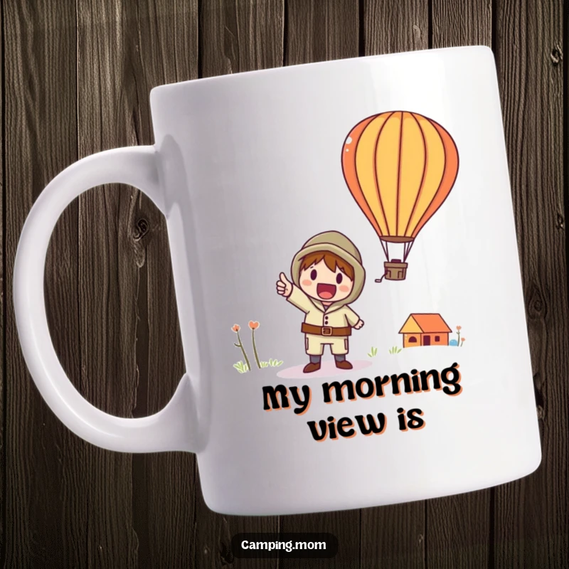 Funny mug of a whimsical camping character excitedly pointing upwards at a colorful, soaring hot air balloon.