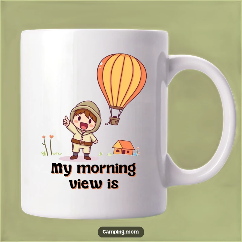 Funny Hot Air Balloon Camping Mug: Whimsical Character Points Up, A Joyful Funny Gift.