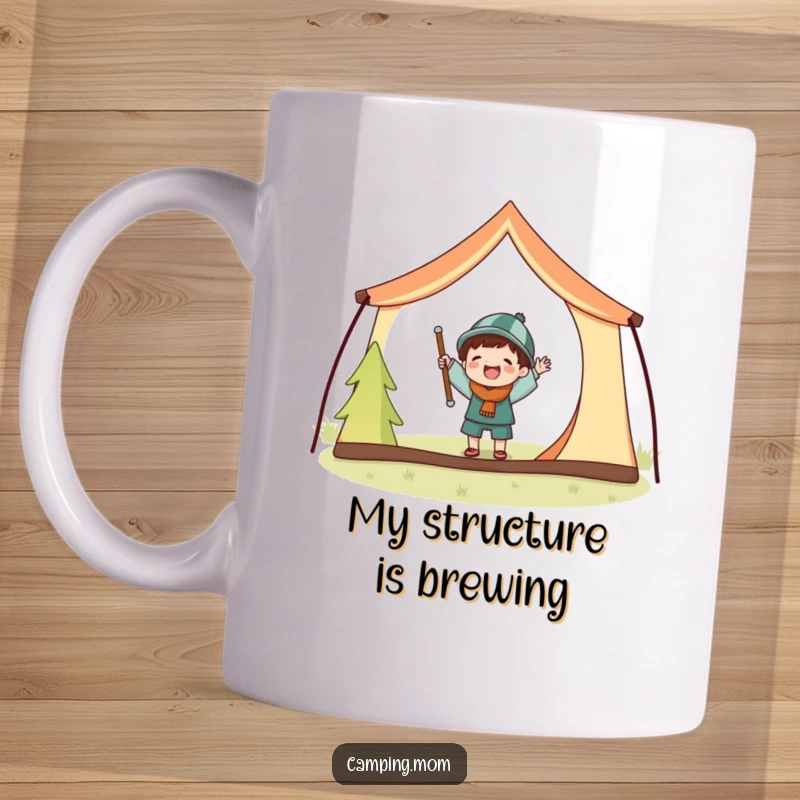 Funny mug of a joyful camping character gleefully struggling to set up a tent with comically large poles.