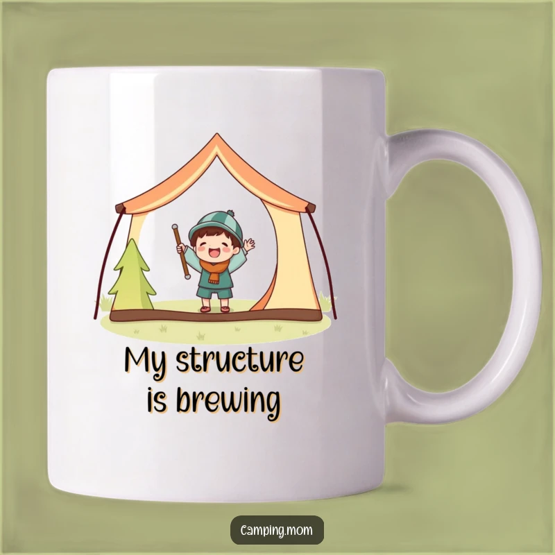 Funny Tent Setup Camping Mug: Joyful Character With Big Poles, A Humorous Funny Gift.