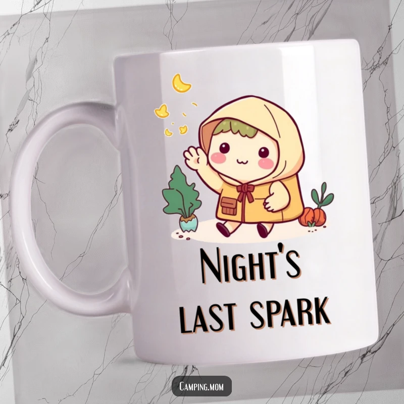 Funny Mug: Kawaii camping character smiling and waving goodbye to twinkling fireflies at night.