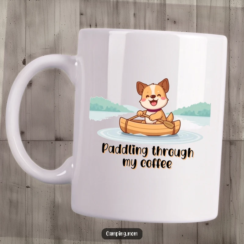 Funny Dog Mug: A happy dog joyfully paddles a small canoe across a calm, reflective lake, embodying pure bliss.