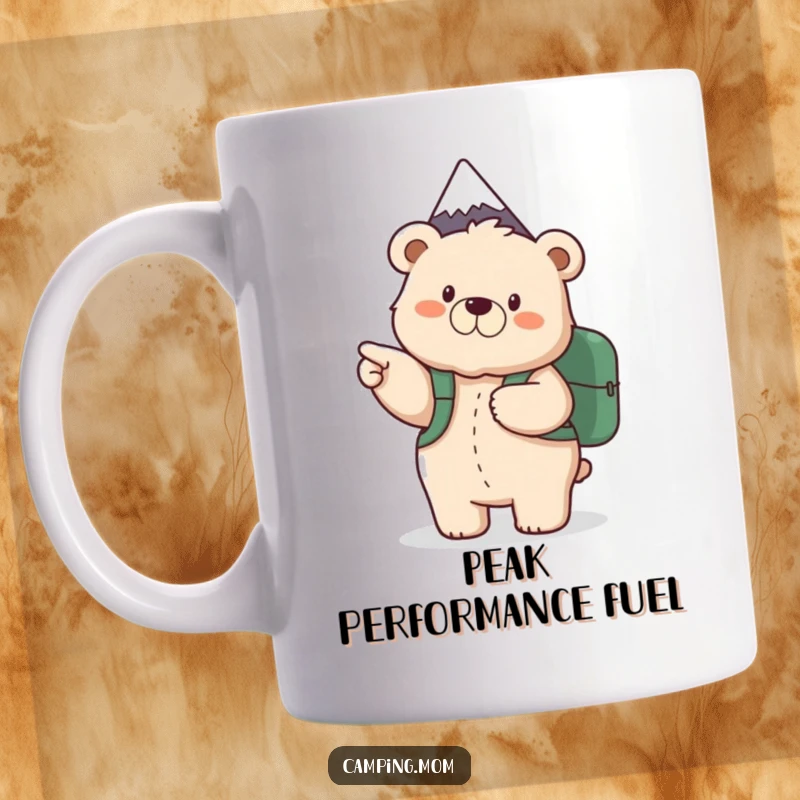 Funny mug featuring a fluffy mama bear with a backpack, excitedly pointing at a mountain peak, ready for an outdoor adventure.