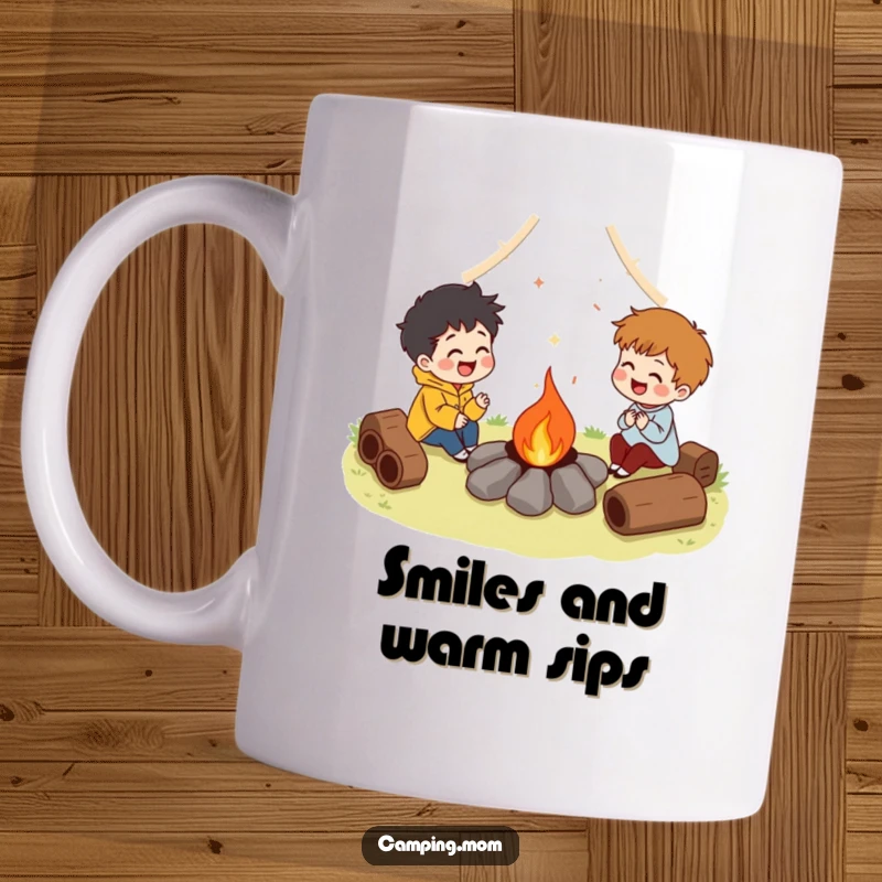 Funny mug depicting a character laughing heartily around a campfire, symbolizing camaraderie and joy. An excellent funny gift for social gatherings.