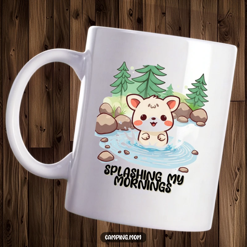 Funny mug with a kawaii camping animal gleefully splashing in a tiny stream, creating joyous water droplets.