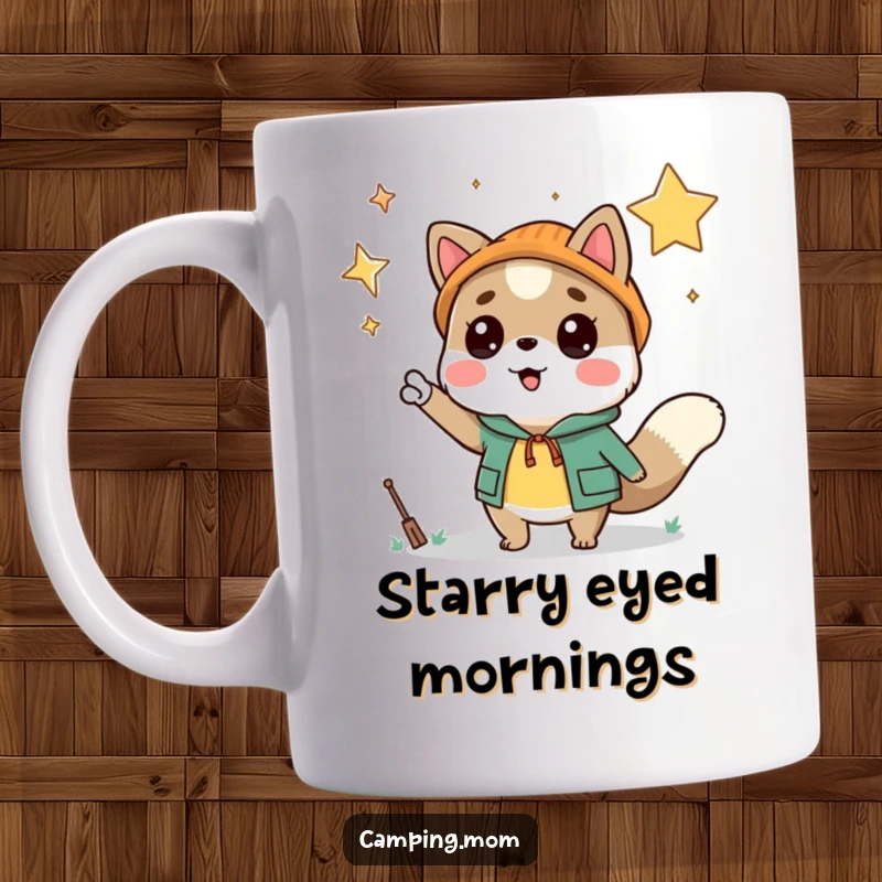 Funny camping animal character with wide eyes, excitedly pointing a paw towards a beautiful, star-filled night sky, conveying amazement.