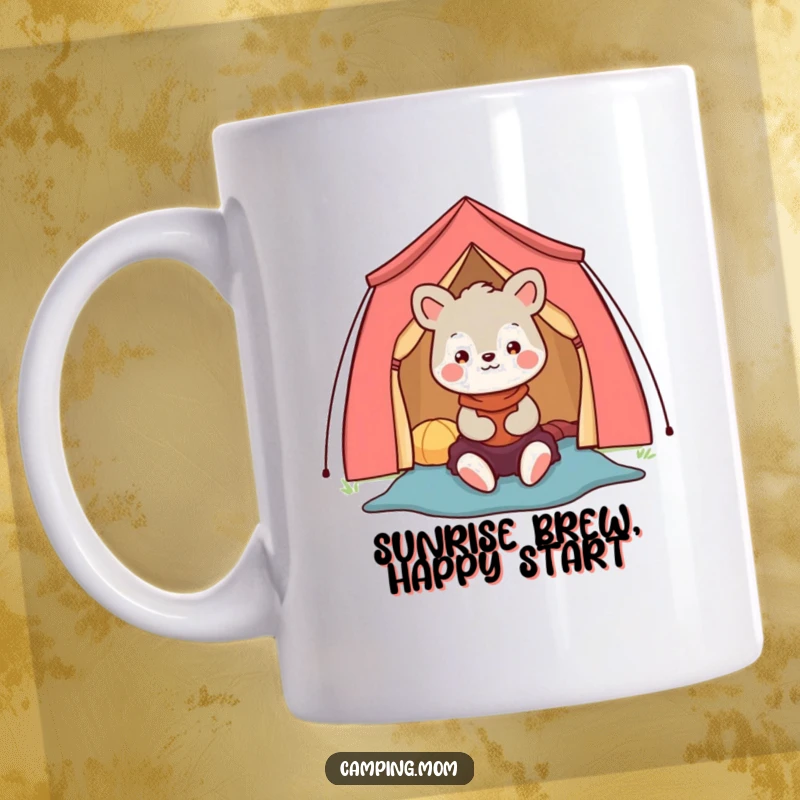 Funny camping mom animal character mugs happily setting up a colorful tent, embodying joy and outdoor fun.
