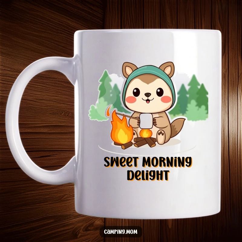 Funny camping animal character proudly displaying a perfectly toasted campfire marshmallow, on a mug.