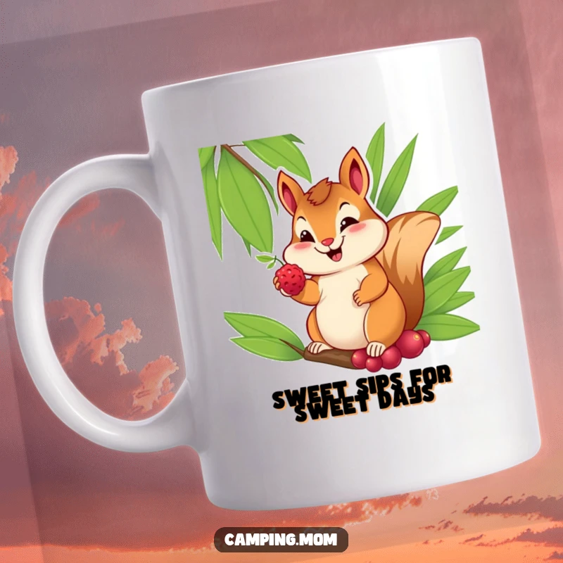 Funny mug of a cheerful chipmunk with a sweet smile, offering a berry from its palm, radiating kindness.