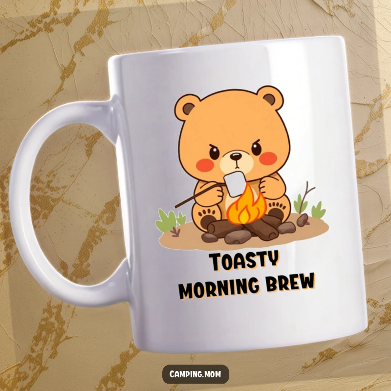 Funny mug featuring a mama bear with a determined look, focused on perfectly roasting a marshmallow over a campfire.
