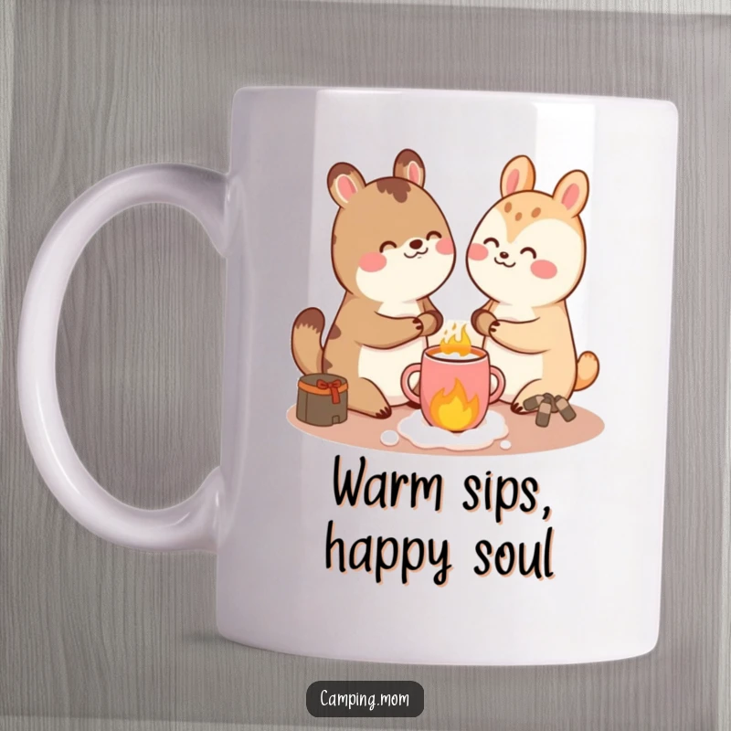 Funny animal character giggling gleefully while holding a steaming cup of hot cocoa next to a warm, inviting stove.