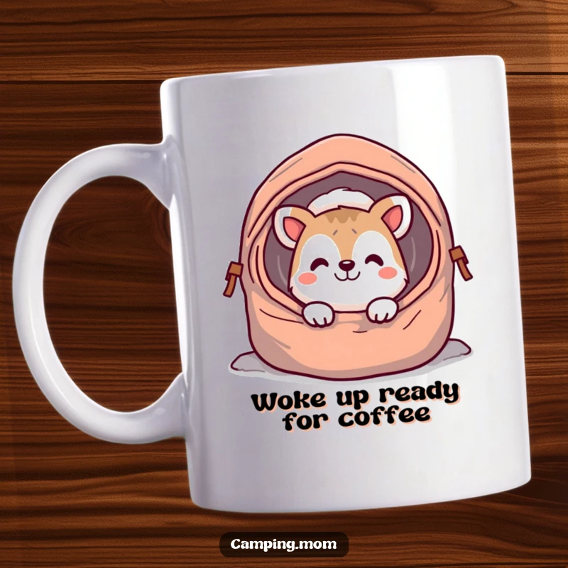 Funny camping animal mug, peeking with a big grin from a cozy sleeping bag, ready to start the day with humor.