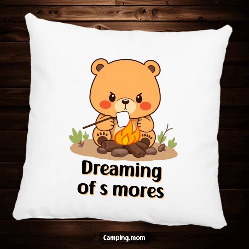 Funny pillow featuring a determined mama bear roasting a marshmallow over a campfire, symbolizing cozy outdoor moments.