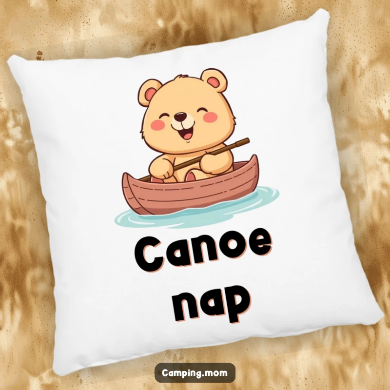 Funny pillow featuring a cheerful mama bear giggling in a canoe, symbolizing relaxation and water adventures.
