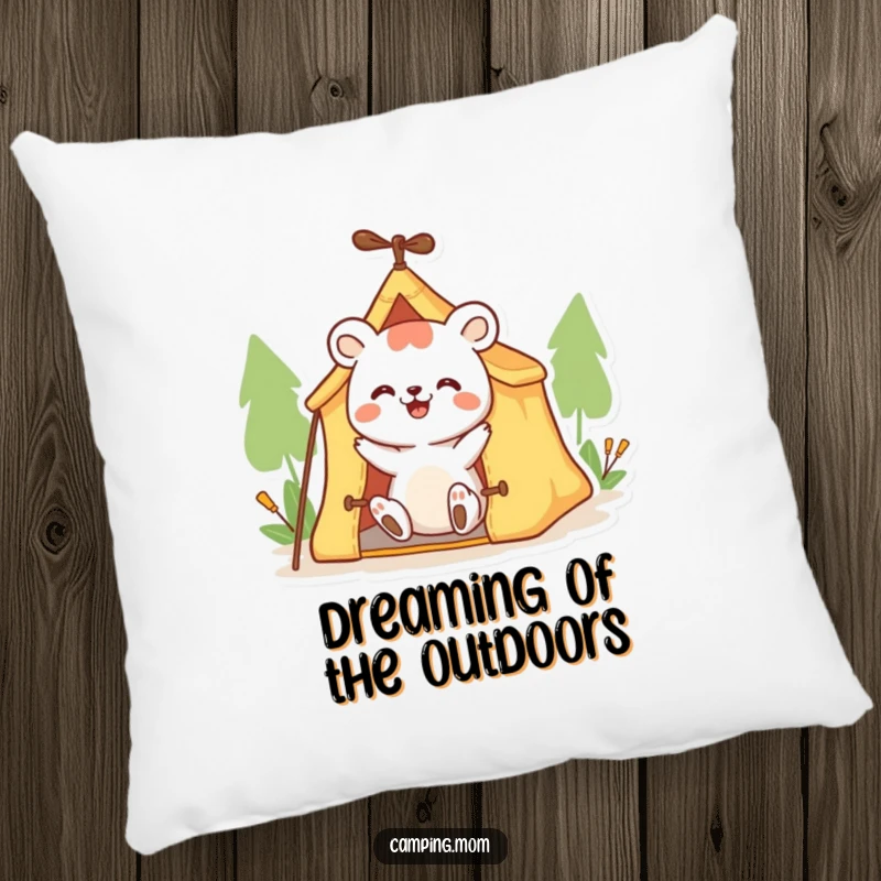 Funny animal pillow featuring a happy character enthusiastically setting up a small tent, adding humor to any couch.