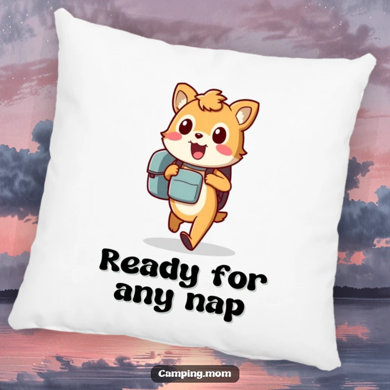 Funny animal pillow featuring an excited character carrying a backpack, walking eagerly, perfect for adding adventure humor.