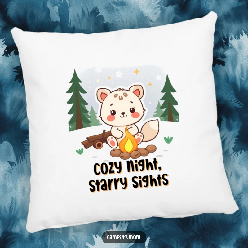 Funny animal pillow featuring a joyful character sitting by a campfire, gazing at stars, perfect for peaceful relaxation.