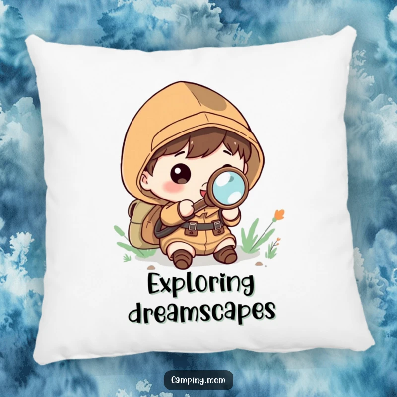 Funny Pillow: Kawaii camping character intently exploring with a magnifying glass, looking amazed.