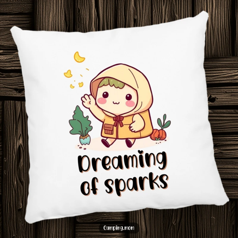 Funny Pillow: Kawaii camping character smiling and waving goodbye to little glowing fireflies.