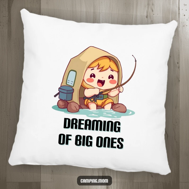 Funny Pillow: Kawaii camping character fishing with hopeful excitement, perfect for adding joy.