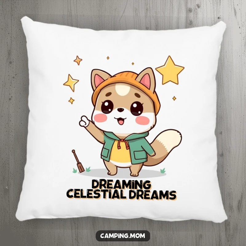 Funny camping animal character excitedly pointing at a starry night sky, designed for a soft and humorous pillow.