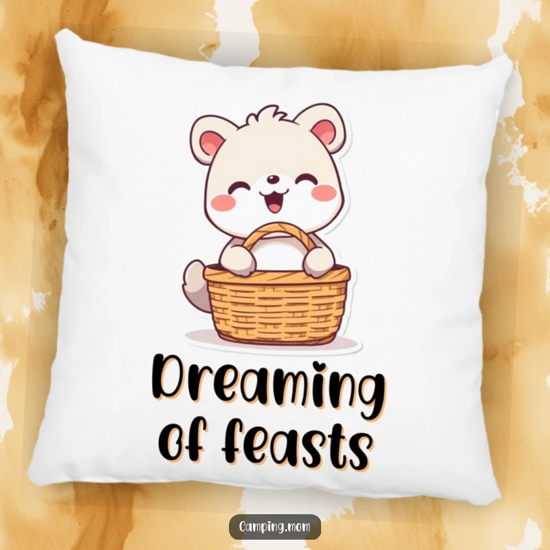 Funny animal character beaming with delight while unpacking a picnic basket, depicted on a soft and decorative pillow.