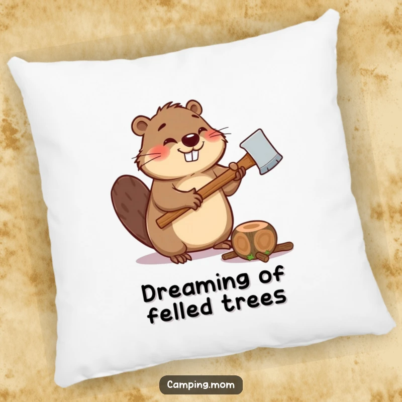 Funny pillow featuring a giggling beaver holding an axe, ready to chop a log, offering humorous comfort.