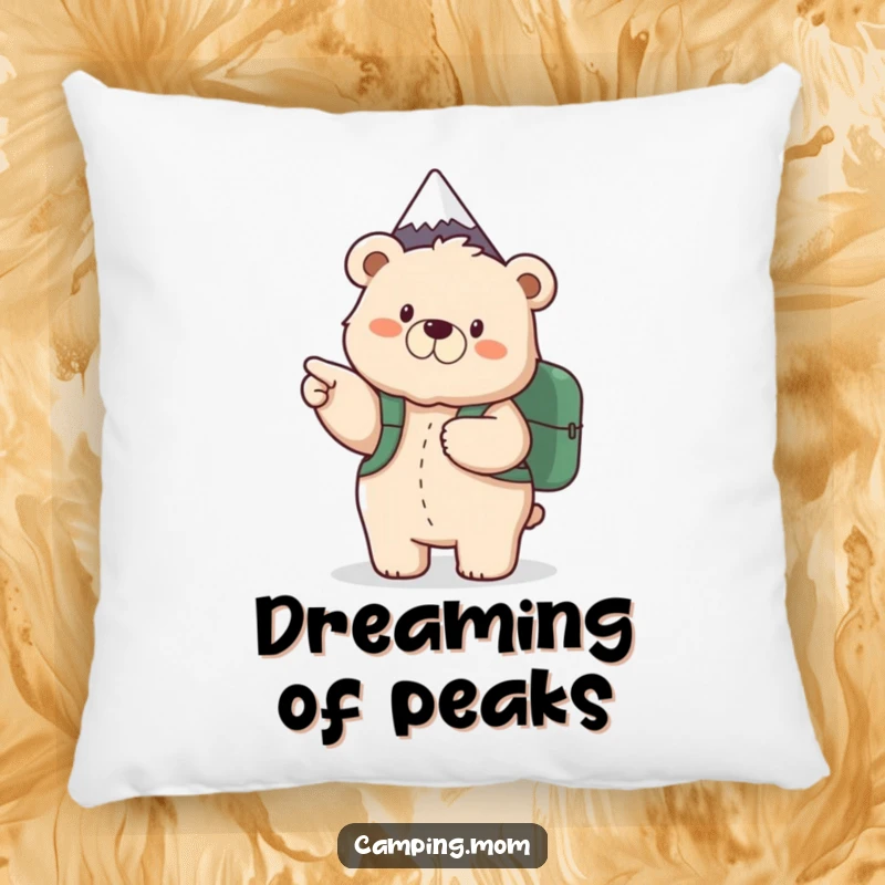 Funny pillow featuring a fluffy mama bear with a backpack, joyfully pointing towards a mountain peak, signifying cozy adventure.
