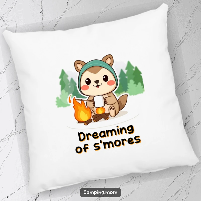 Funny camping animal character proudly displaying a campfire marshmallow, on a soft pillow.