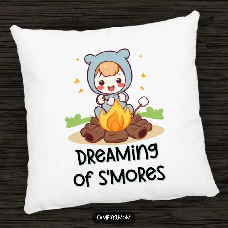 Funny pillow with a character happily roasting marshmallows over a campfire, offering comfort and a touch of humorous outdoor charm.