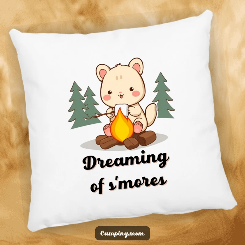 Funny camping animal pillow, depicted happily roasting a marshmallow over a glowing campfire, offering comfort and a touch of humor.