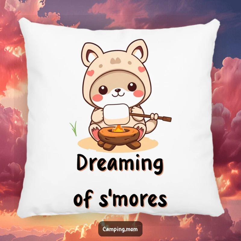 Funny kawaii camping animal character relaxing while roasting a marshmallow on a stick, perfect for adding comfort and humor to any room.
