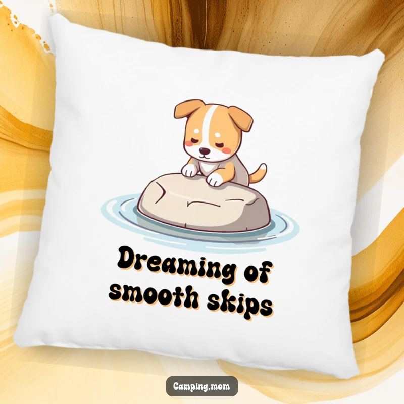 Funny Dog Pillow: A soft pillow displaying a dog proudly holding a perfect, smooth skipping stone, ready for the water.