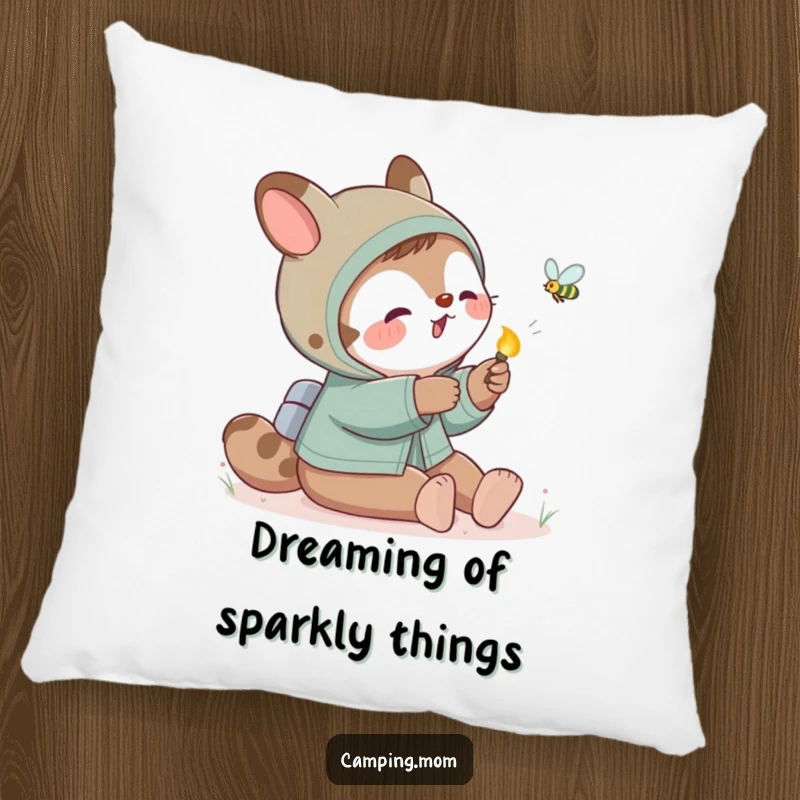 Funny camping mom animal playfully swatting at a firefly, offering comfort and magical humor.