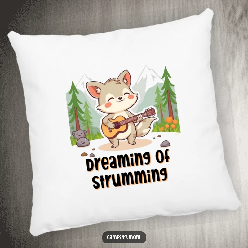 Funny animal character playing a guitar with passion in a wilderness setting, depicted on a soft decorative pillow.
