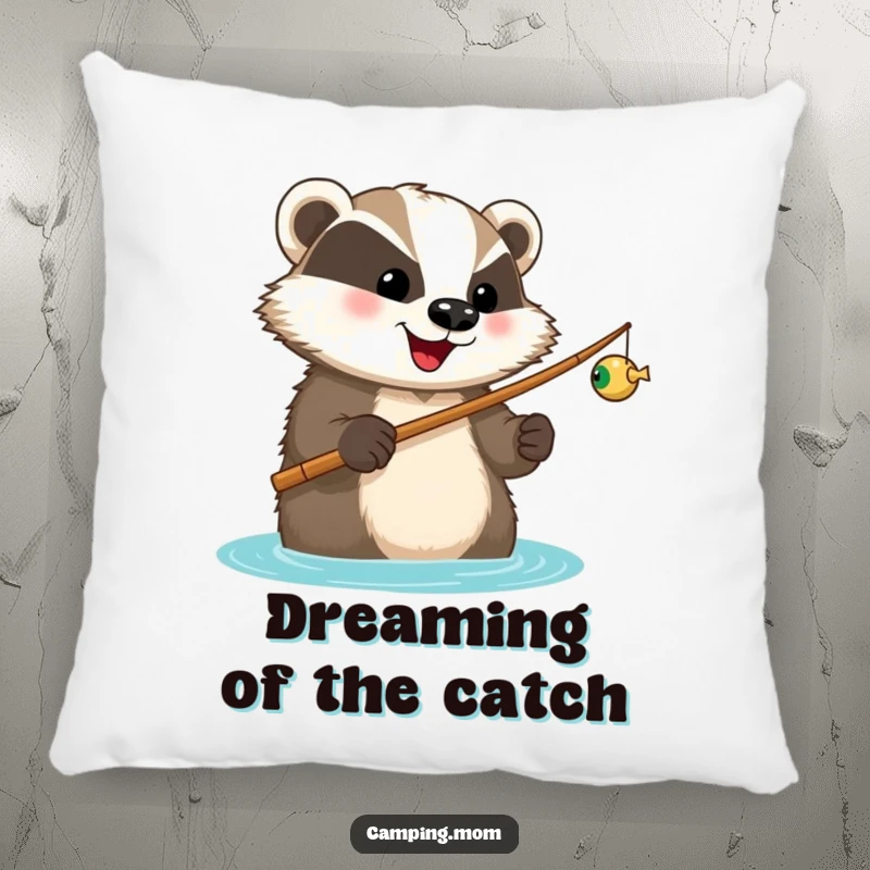 Funny pillow featuring a happy badger with a fishing rod, looking forward to a catch, offering comfortable angling humor.