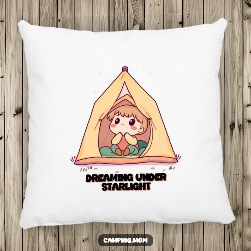 Funny pillow showcasing a cute camping character inside a tent, gazing with wonder at an expansive, star-filled night sky.